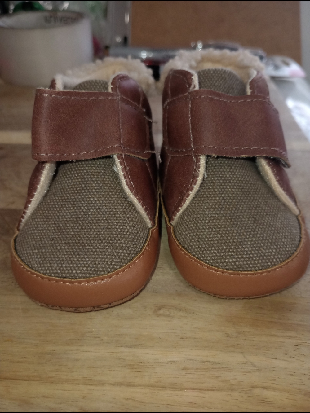 Target Brown Canvas & Faux-Leather Baby Slip-On Shoes with Shearling Trim